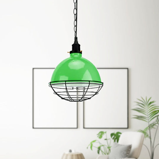 Retro Industrial Metal Pendant Light - Bowl Shade 1 Bulb Multiple Colors Wire Guard And Chain