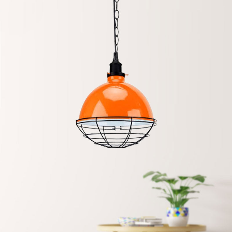 Retro Industrial Metal Pendant Light - Bowl Shade 1 Bulb Multiple Colors Wire Guard And Chain