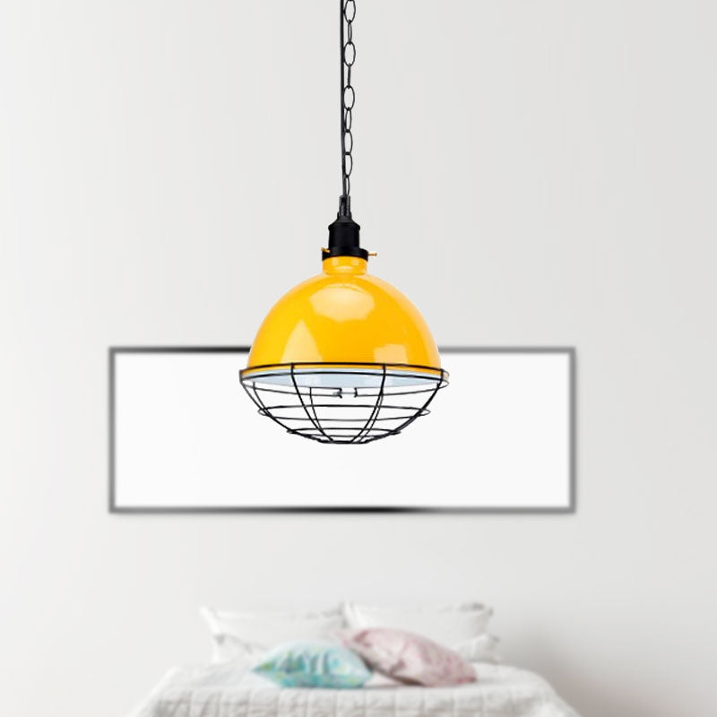 Retro Industrial Metal Pendant Light - Bowl Shade 1 Bulb Multiple Colors Wire Guard And Chain