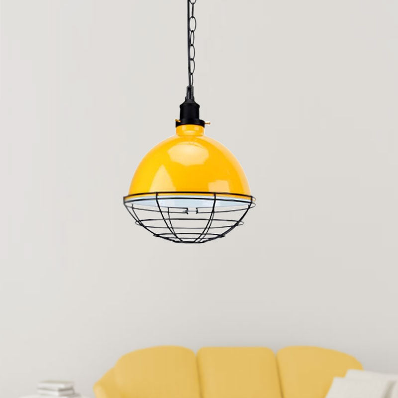 Retro Industrial Metal Pendant Light - Bowl Shade 1 Bulb Multiple Colors Wire Guard And Chain