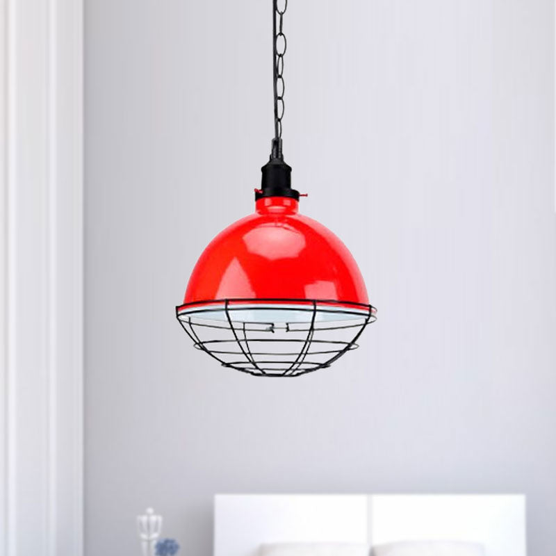 Suspension en métal industriel rétro - Abat-jour en forme de bol, 1 ampoule - Noir/blanc/rouge - Plafonnier d'intérieur avec grille de protection et chaîne