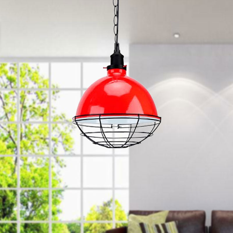 Suspension en métal industriel rétro - Abat-jour en forme de bol, 1 ampoule - Noir/blanc/rouge - Plafonnier d'intérieur avec grille de protection et chaîne