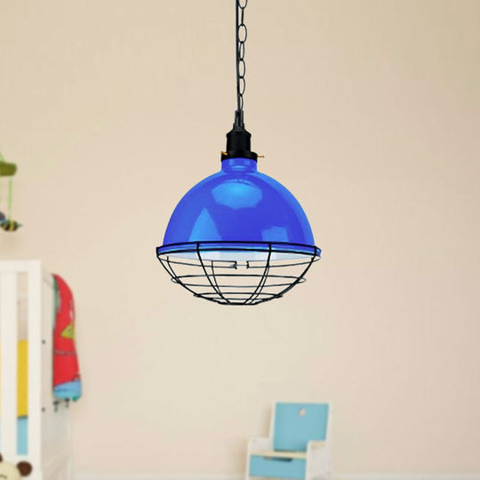 Retro Industrial Metal Pendant Light - Bowl Shade 1 Bulb Multiple Colors Wire Guard And Chain