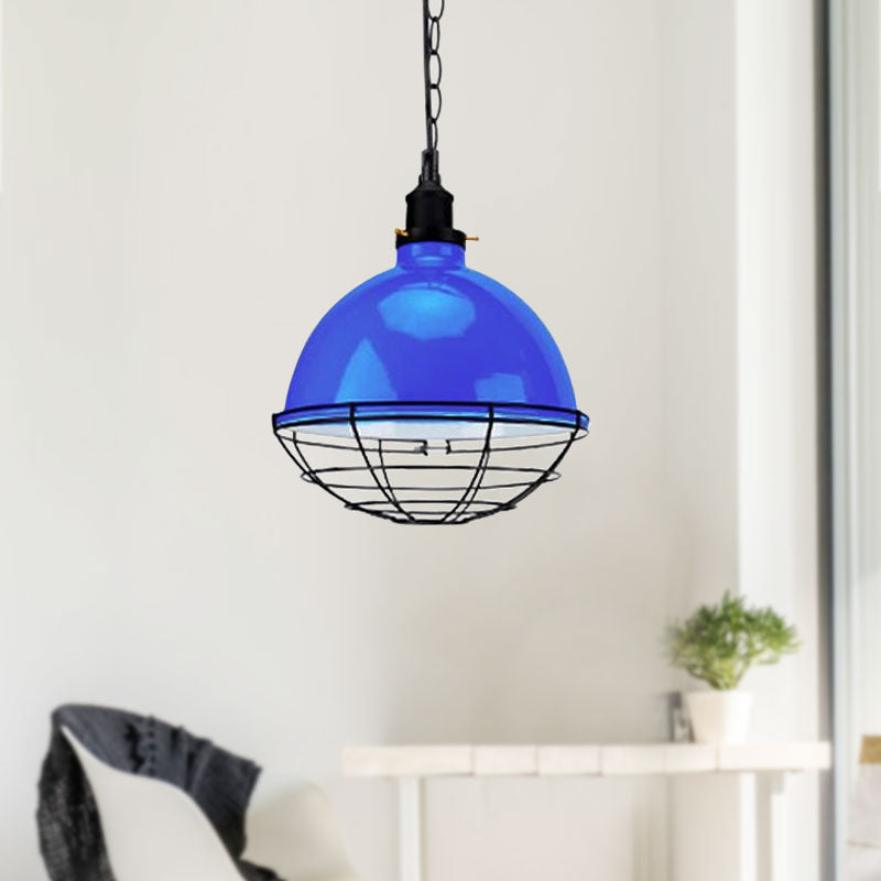 Retro Industrial Metal Pendant Light - Bowl Shade 1 Bulb Multiple Colors Wire Guard And Chain