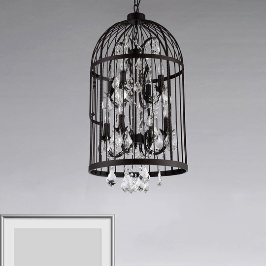 Vintage Industrial Black Metal Pendant Light with Crystal Deco - Multi Light Birdcage Hanging Design