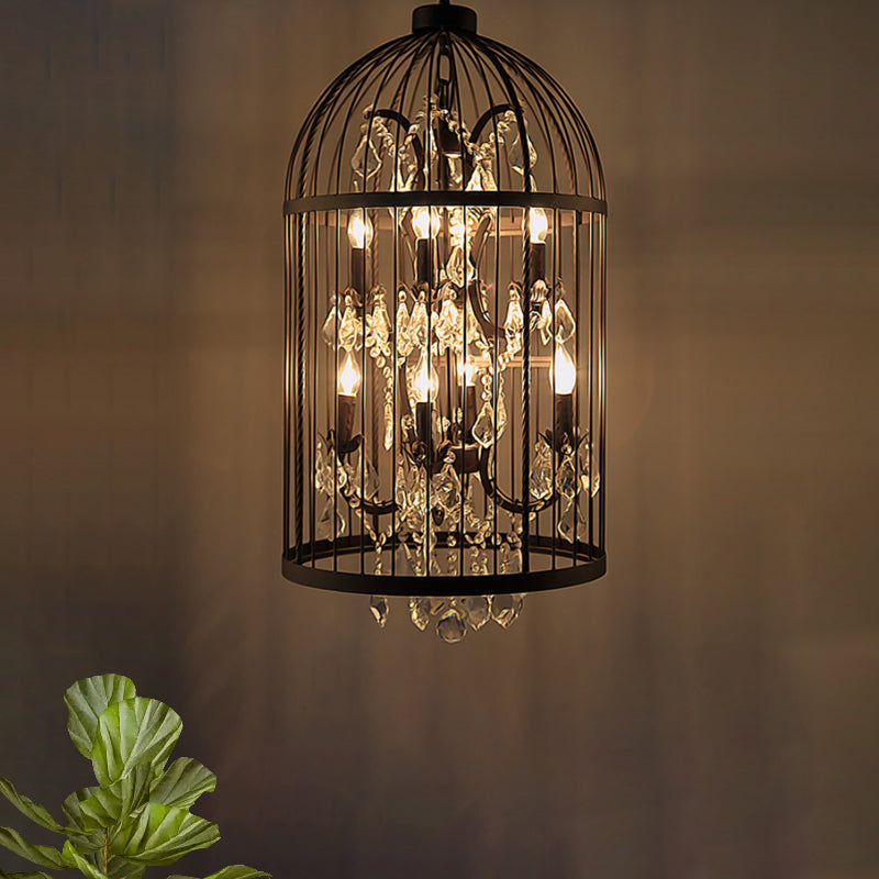 Vintage Industrial Black Metal Pendant Light with Crystal Deco - Multi Light Birdcage Hanging Design