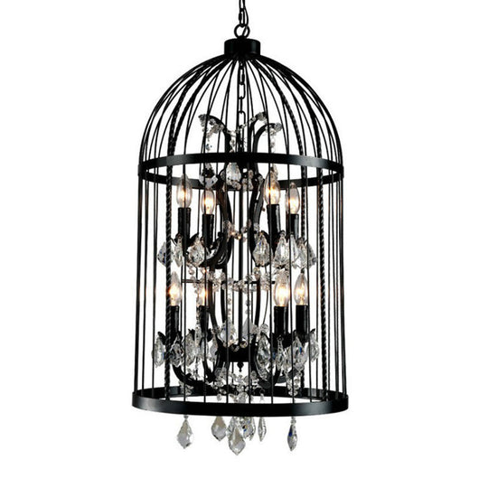 Vintage Industrial Black Metal Pendant Light With Crystal Accents - Multi Birdcage Hanging Design