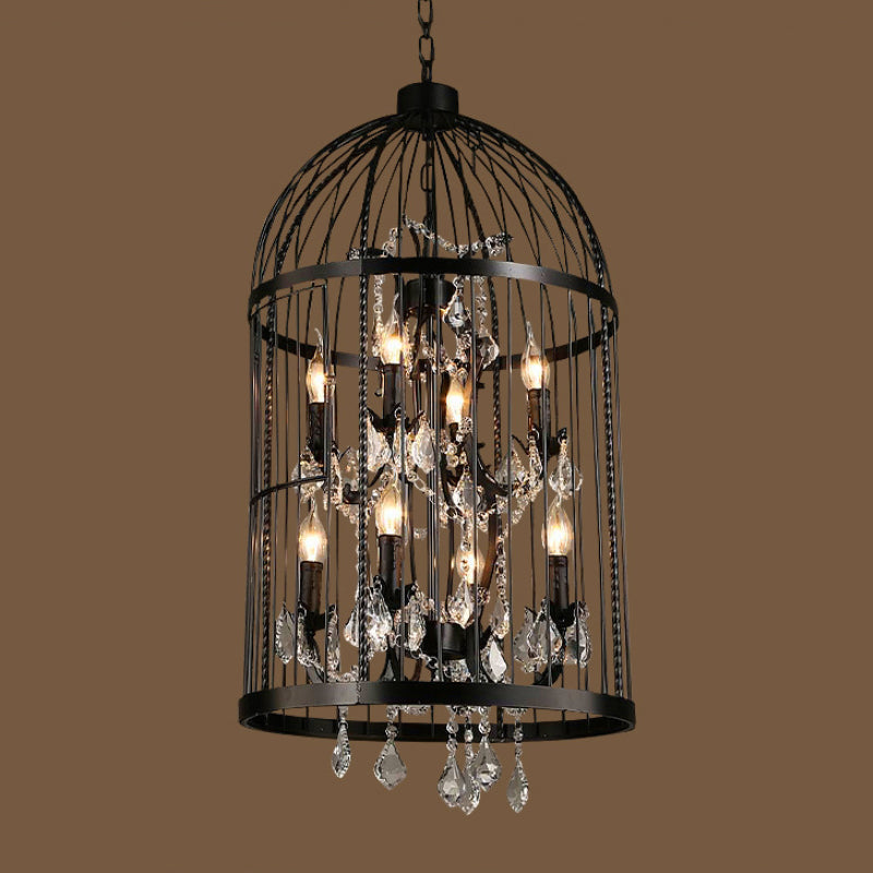 Vintage Industrial Black Metal Pendant Light with Crystal Deco - Multi Light Birdcage Hanging Design