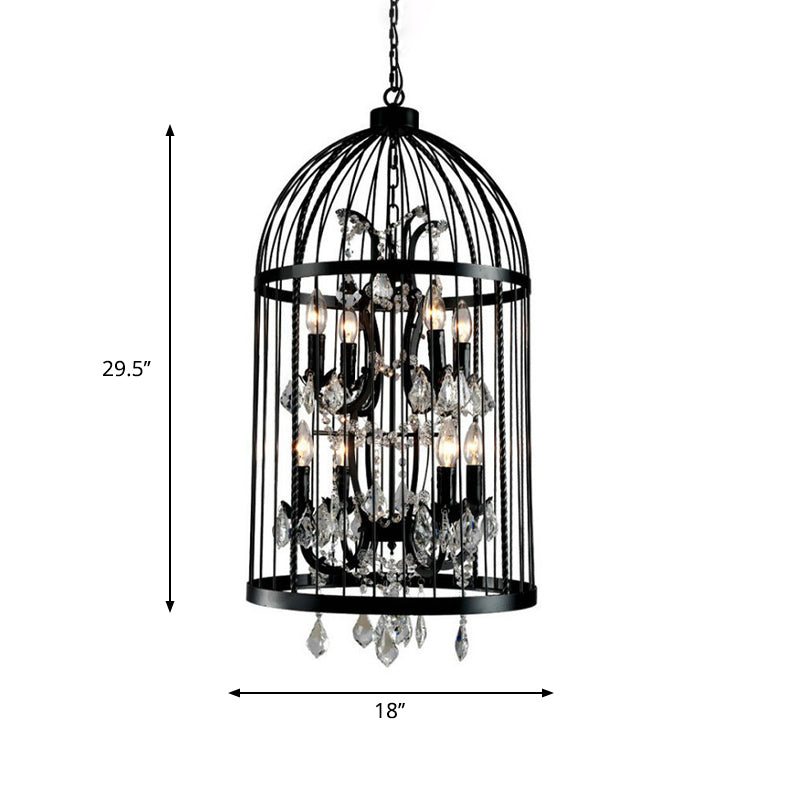 Vintage Industrial Black Metal Pendant Light with Crystal Deco - Multi Light Birdcage Hanging Design