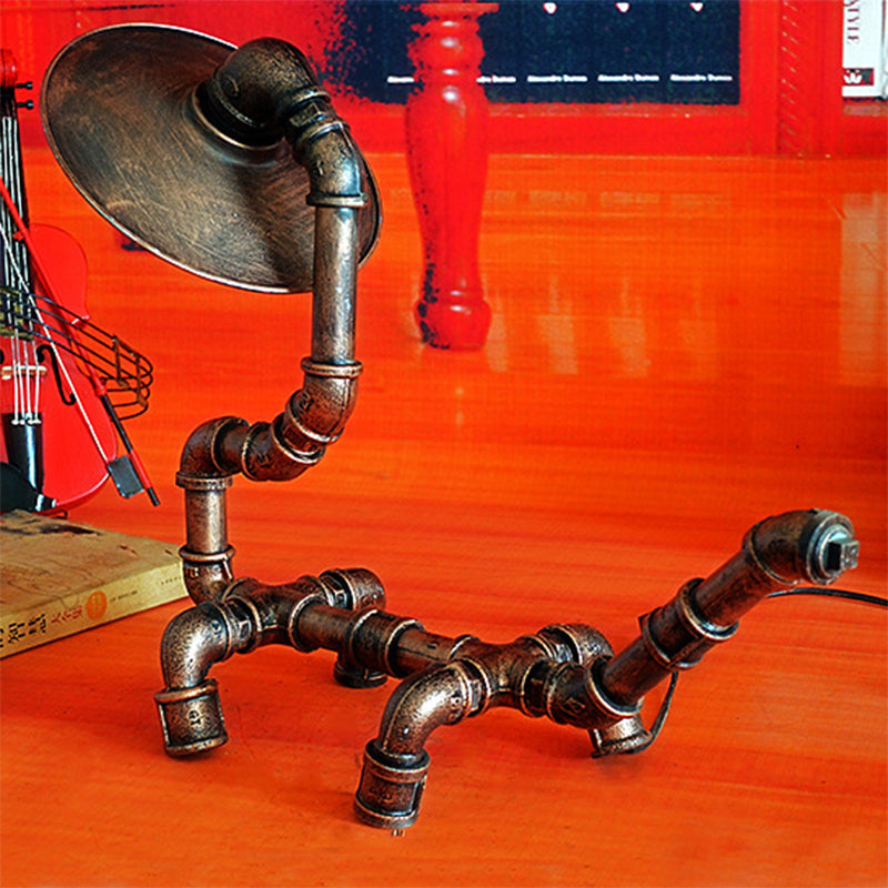 Rustic Wrought Iron Dog Shaped Table Lamp With Industrial Pipe Design - 1 Light Flat Shade Perfect