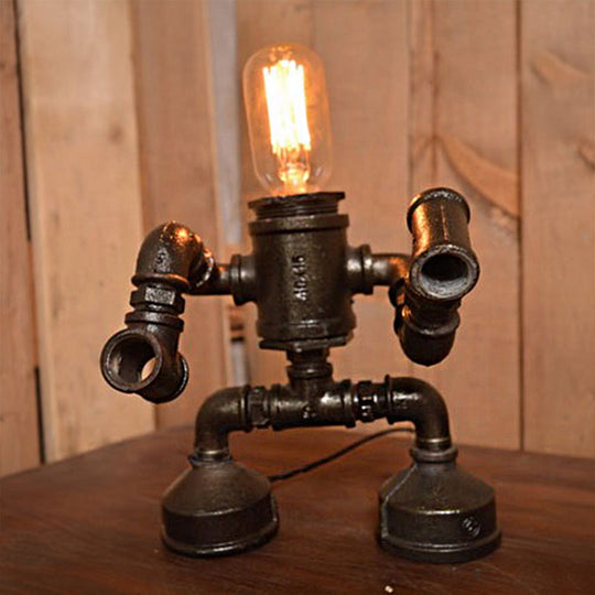 Steampunk Metal Robot Table Lamp With Exposed Bulb - Black 1-Light Restaurant Light