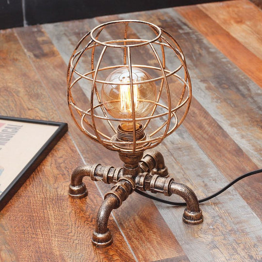 Metal Ball Cage Table Lamp With Pipe-Like Base - Industrial Style Mini Light Antique Bronze Finish 1