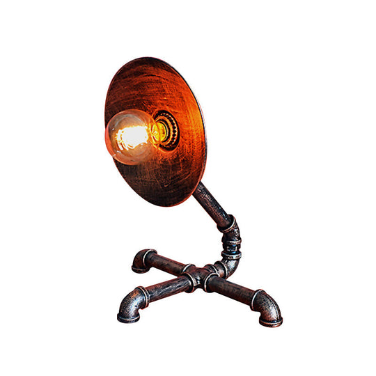 Vintage Round Table Lamp With Metal Shade & Pipe-Like Base - Antique Style Rust Finish Ideal For