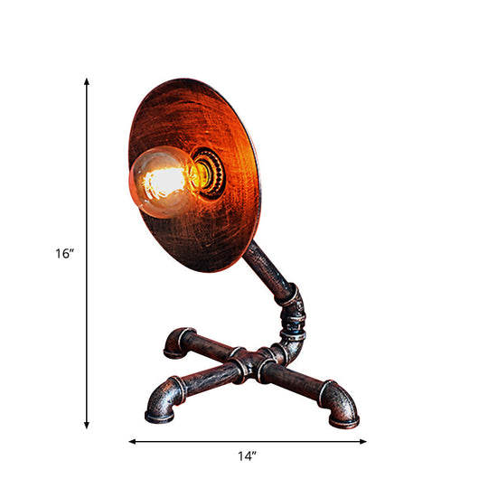 Vintage Round Table Lamp With Metal Shade & Pipe-Like Base - Antique Style Rust Finish Ideal For