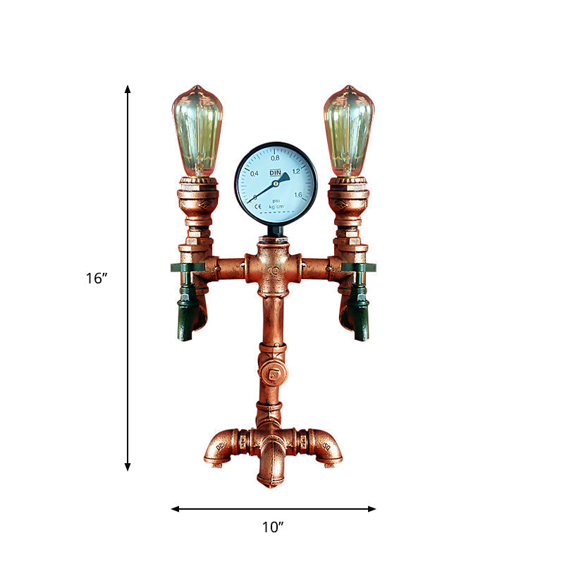 Industrial Rust Wrought Iron Table Lamp With Gauge And Faucet Decoration 2 Lights