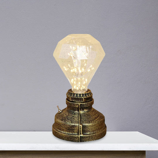 Industrial Aged Brass Table Lamp With Bare Bulb And Plug In Cord