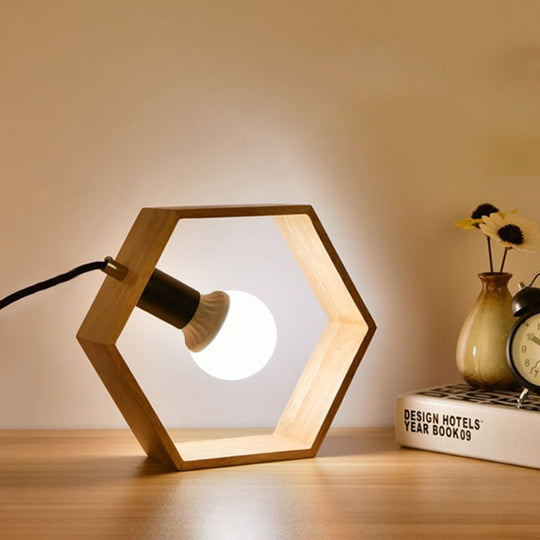 Hexagon Table Lamp With Lodge Style Wood Frame Shade - Stylish Bedside Lighting