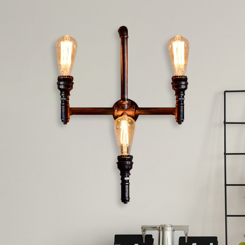 Rustic Vintage 3-Head Sconce Light: Bare Bulb Restaurant Wall Fixture With Plumbing Pipe Design