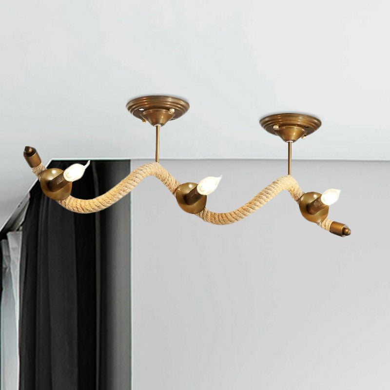 3-Head Wavy Rope Semi-Mount Ceiling Light Fixture - Vintage Brass Finish with Metallic Shine