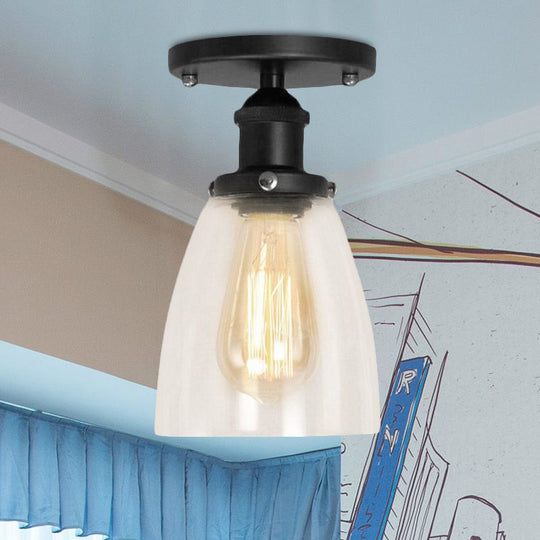 Industrial Clear Glass Cone Semi-Flush Light in Black for Living Rooms