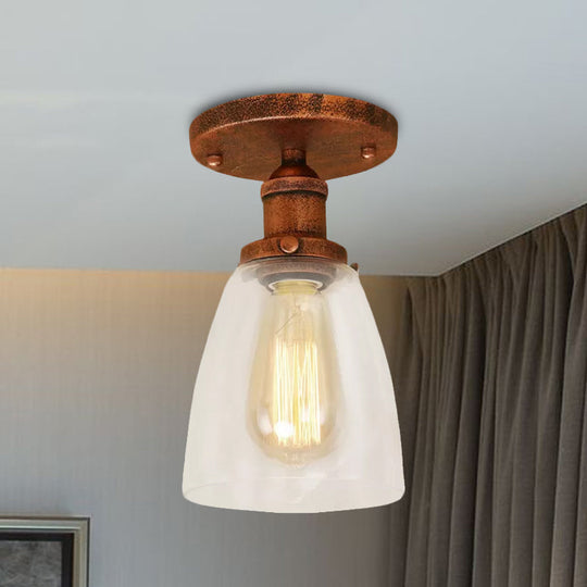 Industrial Clear Glass Conical Semi Flush Light For Foyer - Brass/Copper/Rust Ceiling Mount Fixture