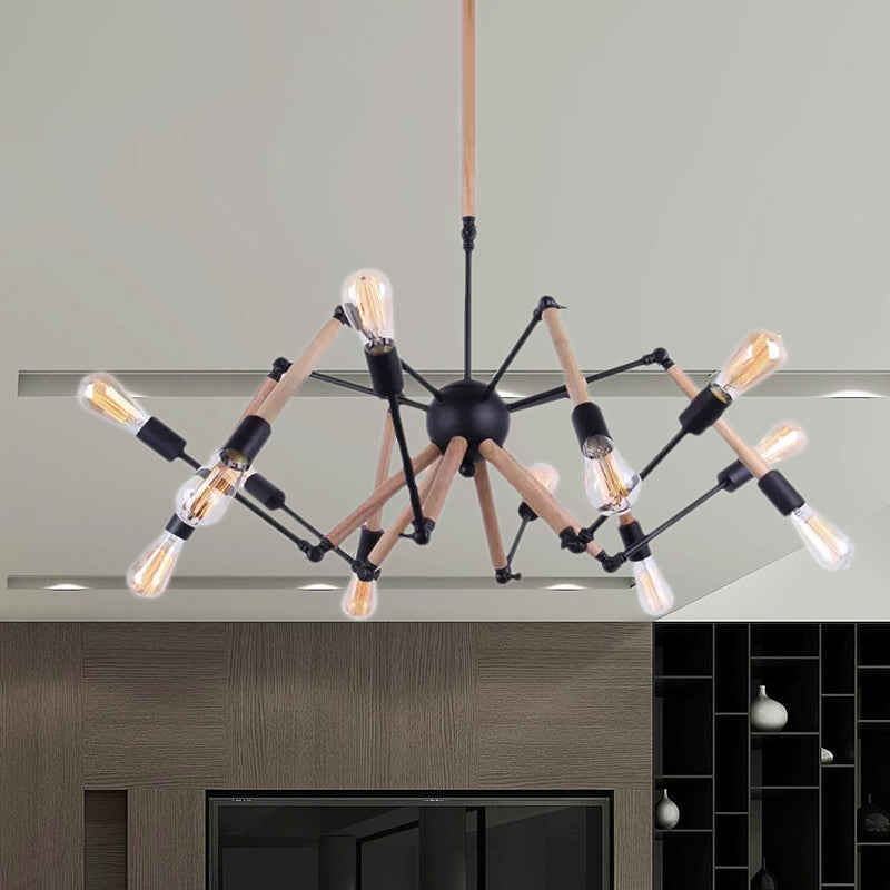 Lodge Style Open Bulb Chandelier: Adjustable 6/8-Head Wood And Metal Ceiling Light Fixture