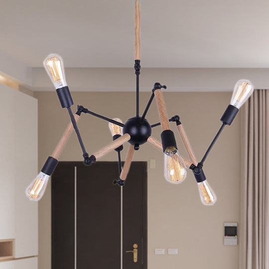 Lodge Style Open Bulb Chandelier: Adjustable 6/8-Head Wood And Metal Ceiling Light Fixture