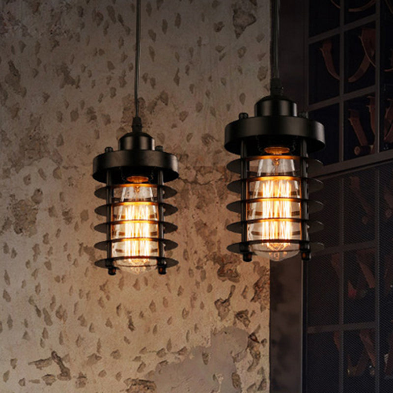 Industrial Pendant Light with Metallic Cage Shade - Matte Black/Rust, Ideal for Table Lighting