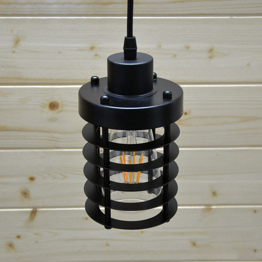 Industrial Pendant Light with Metallic Cage Shade - Matte Black/Rust, Ideal for Table Lighting