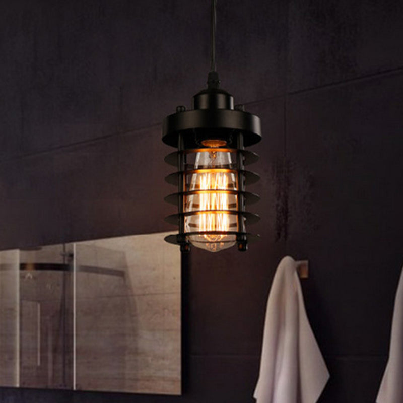 Industrial Pendant Light with Metallic Cage Shade - Matte Black/Rust, Ideal for Table Lighting