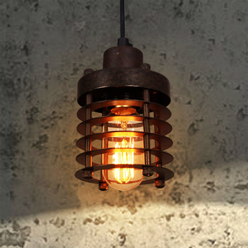 Industrial Pendant Light with Metallic Cage Shade - Matte Black/Rust, Ideal for Table Lighting