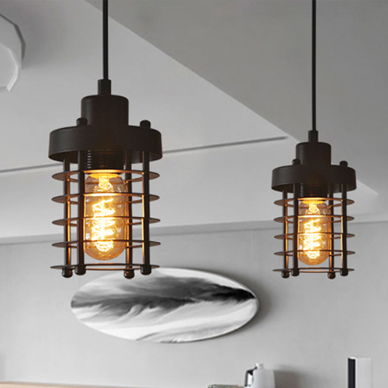 Industrial Pendant Light with Metallic Cage Shade - Matte Black/Rust, Ideal for Table Lighting