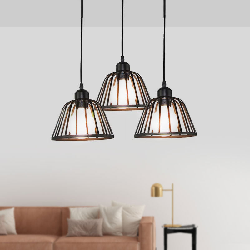 Dome Pendant Light With Metal Frame: 3-Light Kitchen Ceiling Hanging In Black