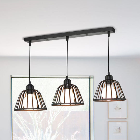 Dome Pendant Light With Metal Frame: 3-Light Kitchen Ceiling Hanging In Black / Linear