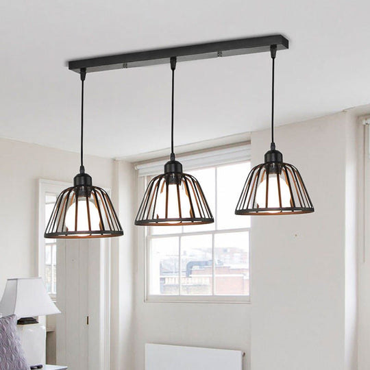 Dome Pendant Light With Metal Frame: 3-Light Kitchen Ceiling Hanging In Black