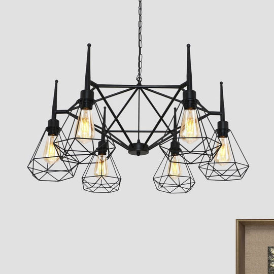 Black Industrial Cage Diamond Chandelier With Adjustable Chain - Retro Pendant Light