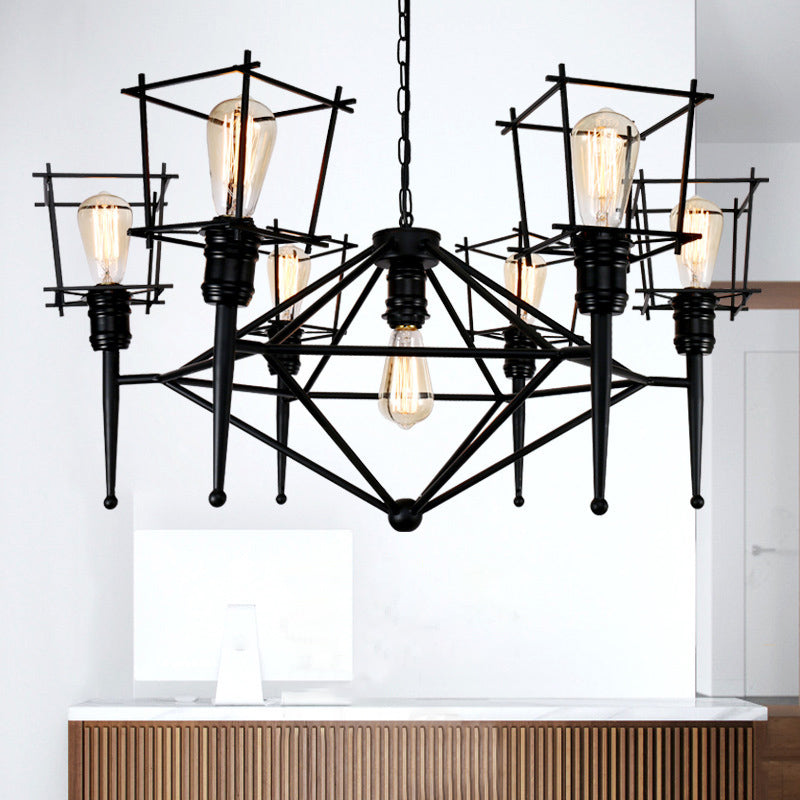 Industrial Black Iron Multi-Light Cage Pendant Chandelier for Restaurants