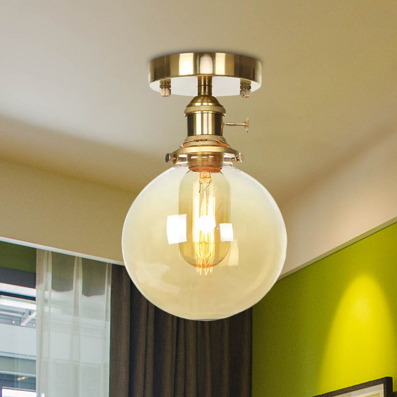 Farmhouse Brass Semi Flush Ceiling Light With Clear/Amber Glass Globe For Dining Room - One Bulb