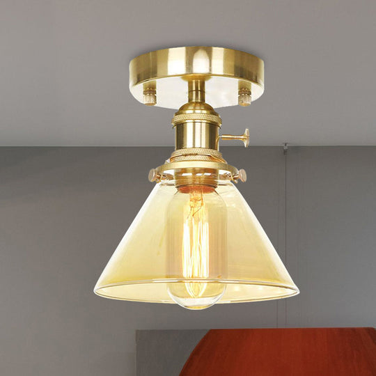 Industrial Brass Semi-Flush Light with Clear/Amber Glass for Living Room - One Light Cone Fixture