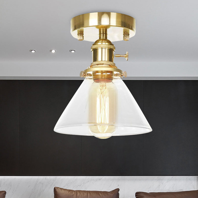 Industrial Brass Semi-Flush Light with Clear/Amber Glass for Living Room - One Light Cone Fixture