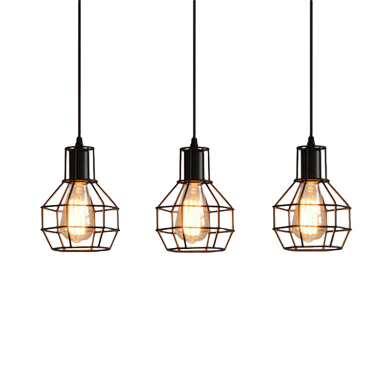 Industrial Matte Black Caged Pendant Light with Globe Shade - 3 Heads, Metallic Finish for Dining Room Ceiling