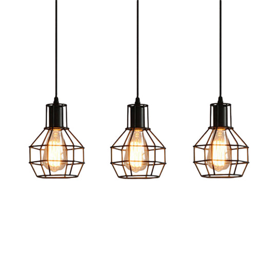 Industrial Matte Black Caged Pendant Light with Globe Shade - 3 Heads, Metallic Finish for Dining Room Ceiling