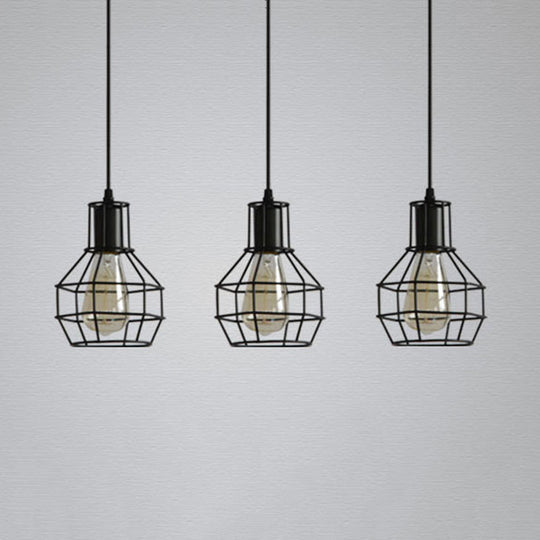 Industrial Matte Black Caged Pendant Light with Globe Shade - 3 Heads, Metallic Finish for Dining Room Ceiling