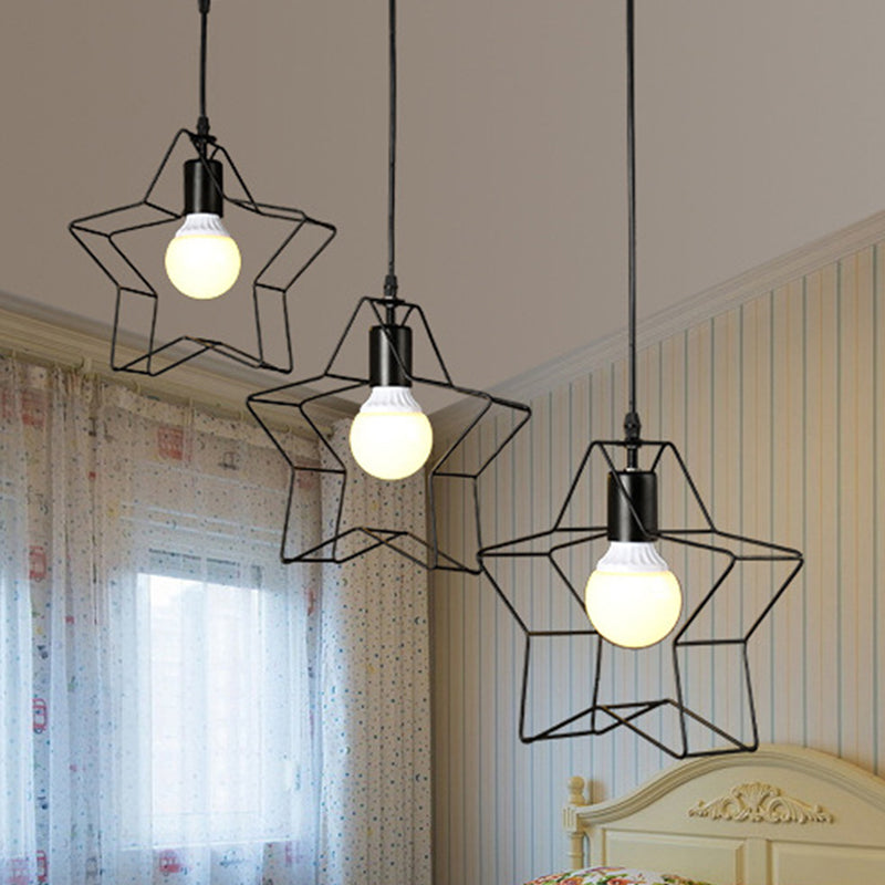 Retro Style Star Pendant Light - 3 Heads Metallic Hanging Fixture With Wire Guard In Black For