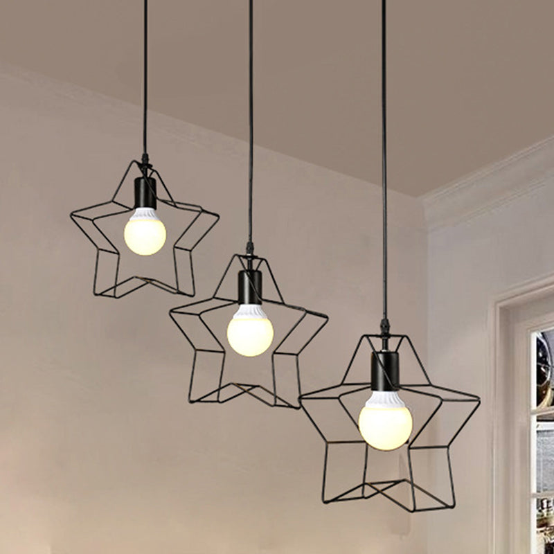 Retro Style Star Pendant Light with Wire Guard, Perfect for Coffee Shops - Black Metal Finish, 3 Heads