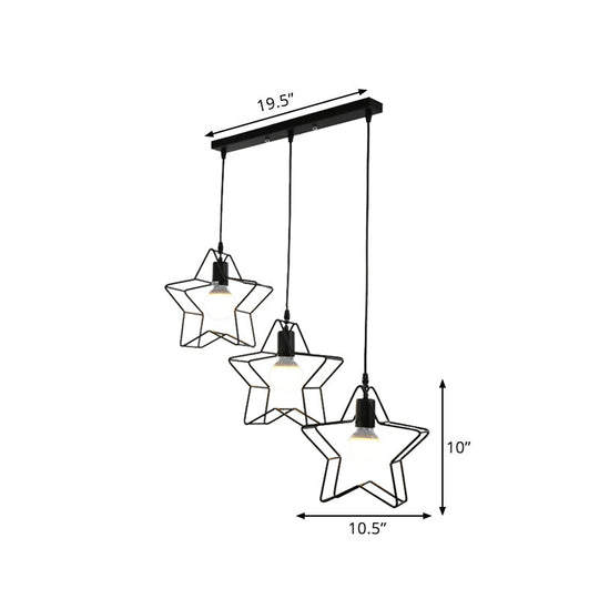 Retro Style Star Pendant Light with Wire Guard, Perfect for Coffee Shops - Black Metal Finish, 3 Heads