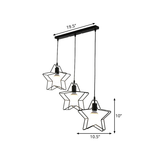 Retro Style Star Pendant Light - 3 Heads Metallic Hanging Fixture With Wire Guard In Black For