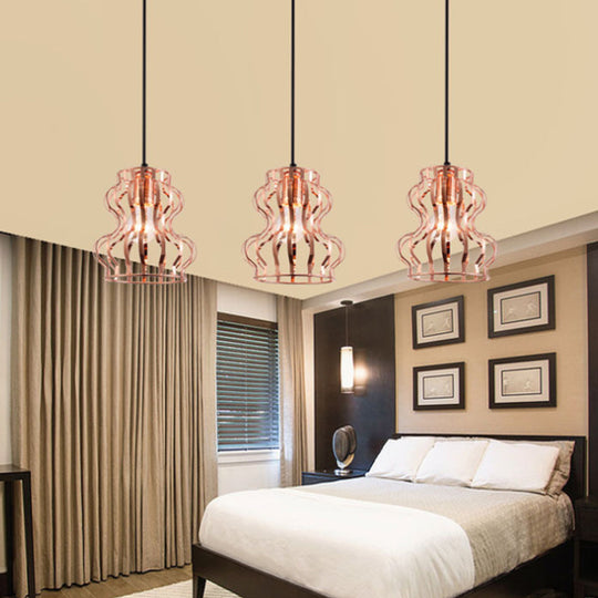 Rose Gold Loft Style Gourd Cage Pendant Light with Canopy - 3 Bulbs, Metallic Finish