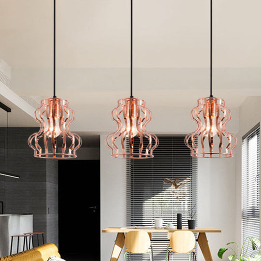 Rose Gold Loft Style Gourd Cage Pendant Light With Canopy - 3 Bulb Metallic Hanging Ceiling