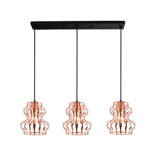 Rose Gold Loft Style Gourd Cage Pendant Light with Canopy - 3 Bulbs, Metallic Finish